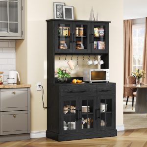 YITAHOME 71'' Kitchen Pantry Storage Cabinet with Microwave Stand, Tall Freestanding Hutch Cabinet with Power Outlet, Pantry Cabinet with Buffet Cupboard, Drawers and Acrylic Doors for Home, Black