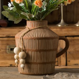 Mowtanco Rustic Farmhouse Vase with Handle and Boho Wooden Beads, Vertical Stripes Terracotta Vase Clay Vase - Ceramic Flower Vase for Vintage Home Décor, Shelf, Table, Bookshelf, Mantle, Entryway