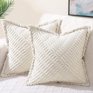 decorUhome Decorative Cream White Throw Pillow Covers 18x18 Set of 2 with Splicing, Boho Soft Corduroy Broadside Twill Pillow Covers for Couch Bed Sofa Living Room