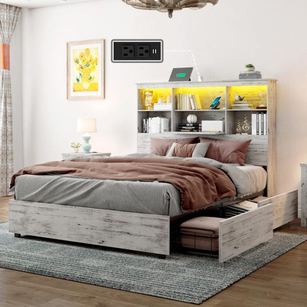 LUXOAK Full Size Bed Frame with LED Bookcase Headboard, Wooden Storage Bed with Charging Station & 4 Drawers, No Box Spring Needed/Noise-Free/White Birch