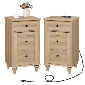 WAMPAT Nightstands with Charging Station, Set of 2 End Table with Power Outlets & USB Ports for Living Room, Modern Side Table with Drawer and Storage Cabinet for Bedroom, Oak