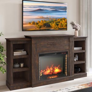 BELLEZE Modern 70" Electric Fireplace Heater Mantel TV Stand & Media Entertainment Center for TVs up to 68" with Energy-Efficient Heater with Sound and Side Book Shelves - Lenore (Brown)