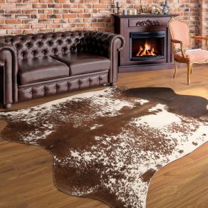 Chicrug Exquisite Faux Fur Cowhide Rug, 5.2 x 6.2 Feet Cow Hide Western Room Decor Rug for Living Room Bedroom, Non Slip Cute Cow Animal Print Floor Carpet for Kids Family, White and Brown