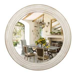 Reflinto 24" Rustic Round Wood Mirror, Distressed Decorative Mirrors for Wall Decor, Farmhouse Circle Mirror Frame with Beads Hanging Mirror for Bedroom, Bathroom, Living Room, or Entryway