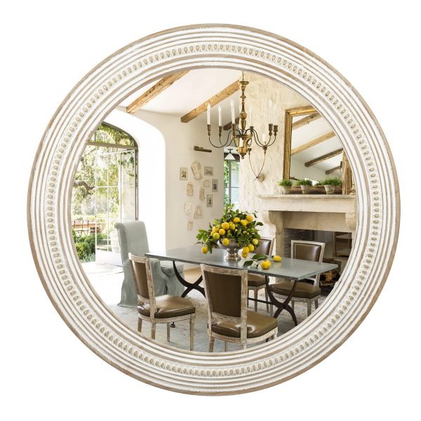 Reflinto 24" Rustic Round Wood Mirror, Distressed Decorative Mirrors for Wall Decor, Farmhouse Circle Mirror Frame with Beads Hanging Mirror for Bedroom, Bathroom, Living Room, or Entryway