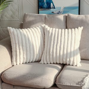 DEELAND Pack of 2,Double-Sided Faux Fur Plush Decorative Throw Pillow Covers Fuzzy Striped Soft Pillowcase Cushion Covers for Sofa Couch Bedroom White 16x16 inch