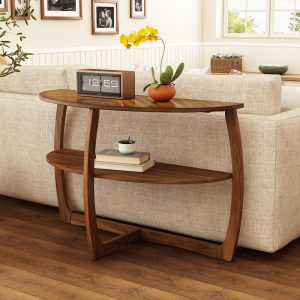 PADMA HOUSE Wooden Drum Entryway Table with Storage Shelf, Half-Moon Sofa Side Table with Curved Legs, Semi-Circle Wood Console Table Solid Sofa Table for Living Room Foyer, 43.3"x16.5"x29"