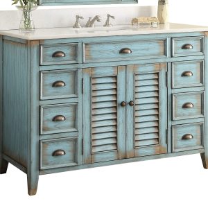 Chans Furniture 46 Inch Abbeville Cottage Plantation Style Bathroom Vanity with White Marble Stone Top, Distressed Blue Finish, 4 Functional Drawers, Undermount Sink, Hardware Included