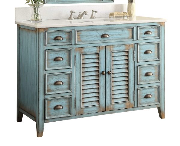 Chans Furniture 46 Inch Abbeville Cottage Plantation Style Bathroom Vanity with White Marble Stone Top, Distressed Blue Finish, 4 Functional Drawers, Undermount Sink, Hardware Included