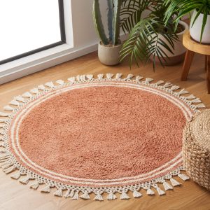 SAFAVIEH Easy Care Collection Area Rug - 3' Round, Rust & Ivory, Handmade Border Tassel, Machine Washable Ideal for High Traffic Areas in Living Room, Bedroom (ECR201P)