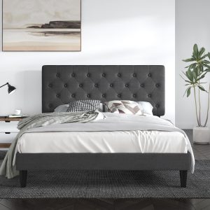 SHA CERLIN Full Size Bed Frame with Button Tufted Headboard, Fabric Upholstered Mattress Foundation, Platform Bed Frame, Wooden Slat Support, No Box Spring Needed, Dark Grey