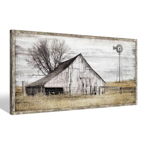 Farmhouse Framed Wall Art Picture: Rustic Barn Farm Wood Artwork Decor Large Country Landscape Windmill Print Horizontal Panoramic Countryside Rural Nature Scene Painting for Living Room Bedroom