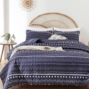 JANZAA Queen Size Quilt Boho Bedding Bedspreads Queen Size Navy Blue Quilt 3PCS with 2 Pillow Cases Reversible Coverlet Bedding Set for All Season