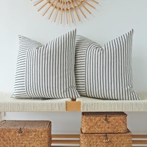 JOJUSIS Black and Beige Patchwork Farmhouse Pillow Covers 18x18 Inch, Pack of 2 Striped Linen Decorative Modern Accent Pillow Cases for Sofa Couch Bedroom 18 x 18