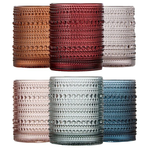 Beaded Hobnail Tumbler Drinking Glasses Set | Set of 6 | Vintage Colored Hobnails 11 OZ Muted Bubble Design Whiskey Glassware, Old-Fashioned, Embossed Design Glass Water, Wine, Cocktail HAND WASH ONLY