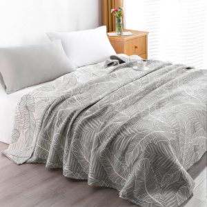 NTBAY 3 Layers Cotton Muslin 106x92 King Bed Blanket, Super Soft Breathable Thermal Yarn Dyed Quilt for Adults, Perfect Lightweight Blanket for Couch Sofa Bed All Seasons, Dark Grey Leaf