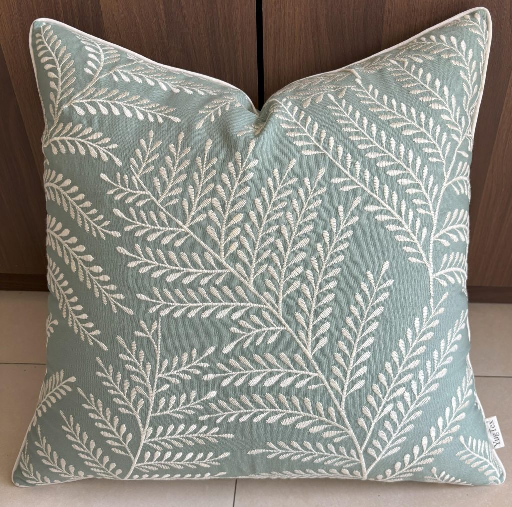 YugTex Fern Leaves Embroiderd Decorative Square Accent Throw Pillow Cover - Sofa, Chair, Couch, Bedroom, Living Room, Farmhouse Home Decor - 20x20 Inches, Light Teal